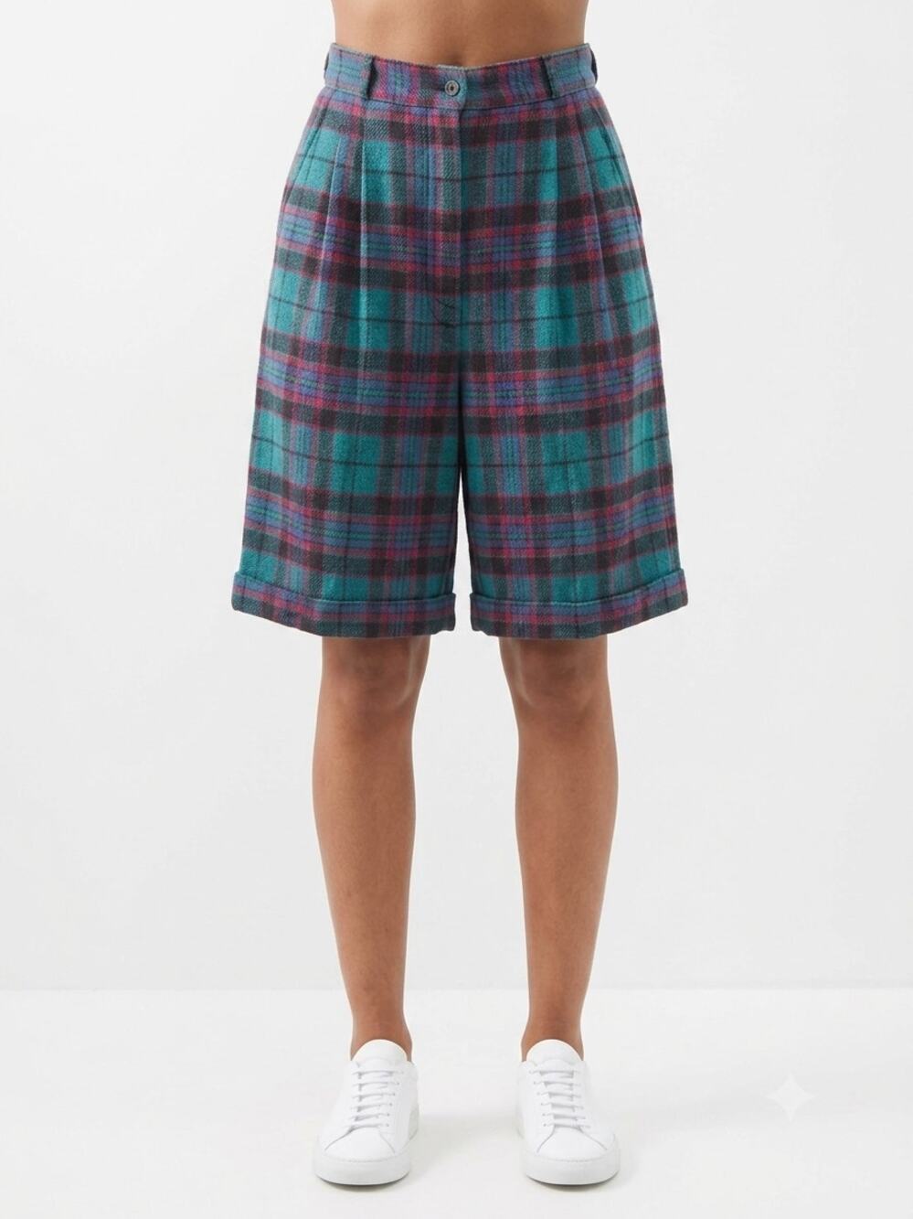VTG Woolrich Chino Shorts Womens 8 Multicolor Wool Blend Plaid Pleated Cuffed